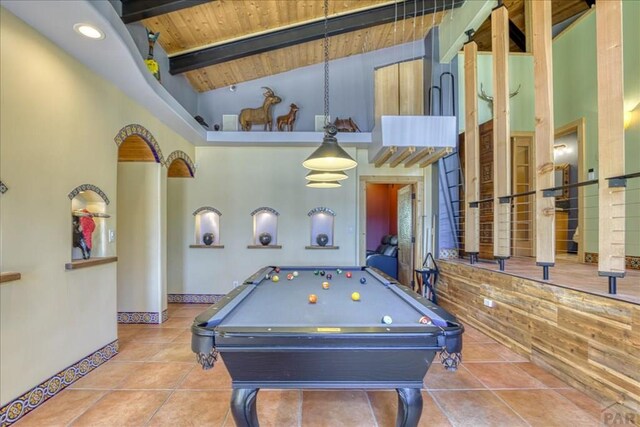 1441 Forest Rd Unit 507 1A, Creede, CO 81130 - recreation room with wood ceiling with exposed beams, billiards, high vaulted ceiling, and tile patterned flooring