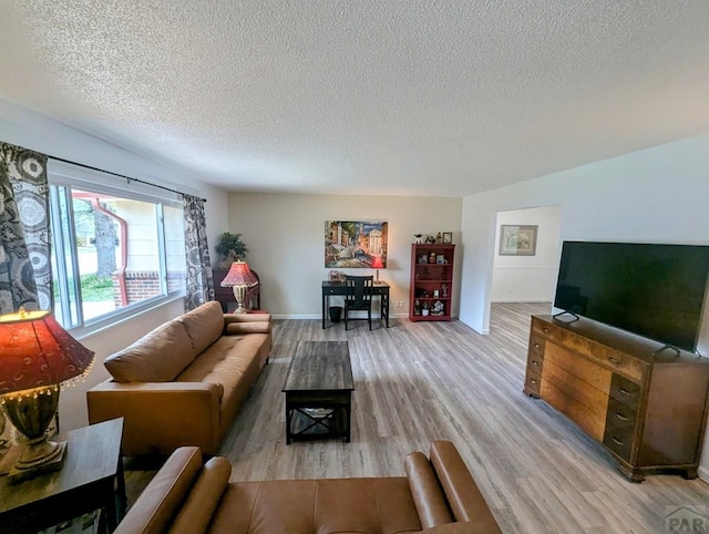 living area featuring a textured ceiling and wood finished floors