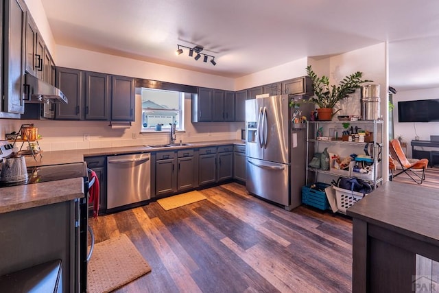 1501 Stonewall, Trinidad, CO 81082 - kitchen with appliances with stainless steel finishes, dark countertops, dark wood-style flooring, and under cabinet range hood