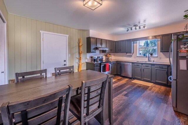 1501 Stonewall, Trinidad, CO 81082 - kitchen with stainless steel appliances, under cabinet range hood, dark wood-style flooring, and gray cabinets