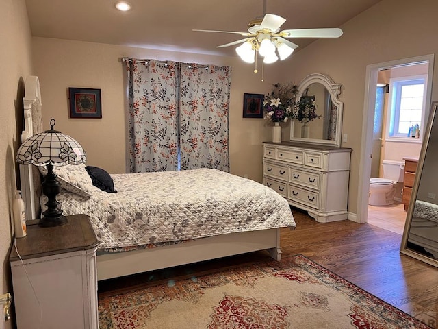 bedroom featuring connected bathroom, recessed lighting, baseboards, a ceiling fan, and wood finished floors