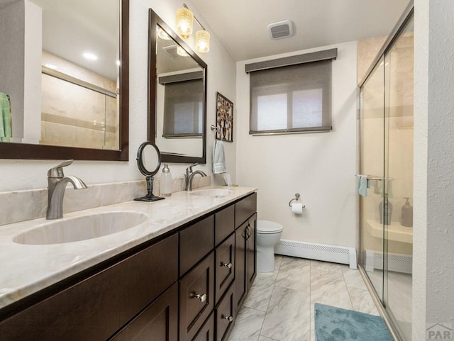 bathroom with a shower stall, visible vents, a baseboard heating unit, and a sink