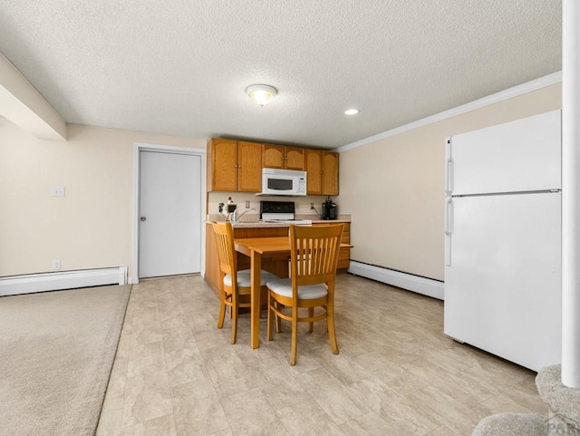 dining area featuring a baseboard heating unit, a textured ceiling, and crown molding
