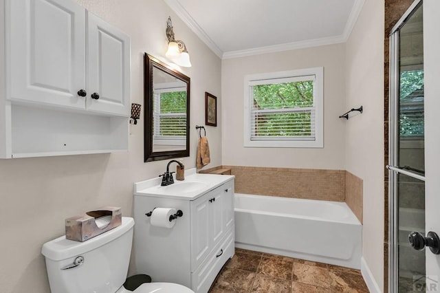 1215 Greenwood Ave, Canon City, CO 81212 - full bathroom featuring vanity, ornamental molding, a bath, an enclosed shower, and stone finish floors