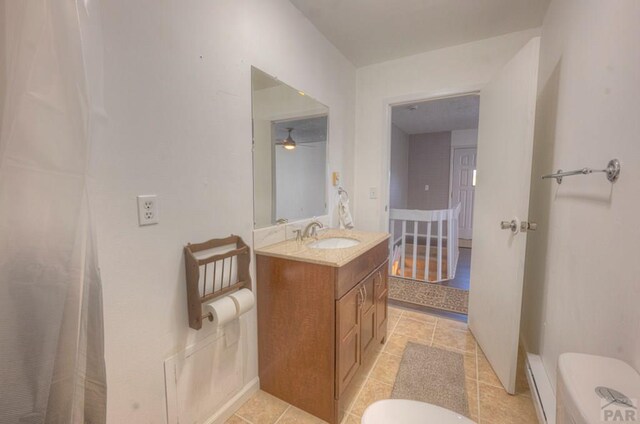 2000 Comanche Dr, Walsenburg, CO 81089 - bathroom featuring toilet, vanity, a ceiling fan, and tile patterned flooring