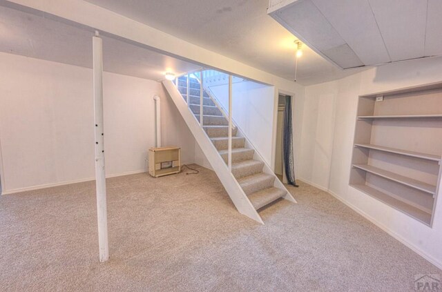 2000 Comanche Dr, Walsenburg, CO 81089 - below grade area featuring carpet, stairs, and built in features