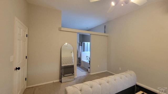 bedroom featuring baseboards, carpet, and ceiling fan