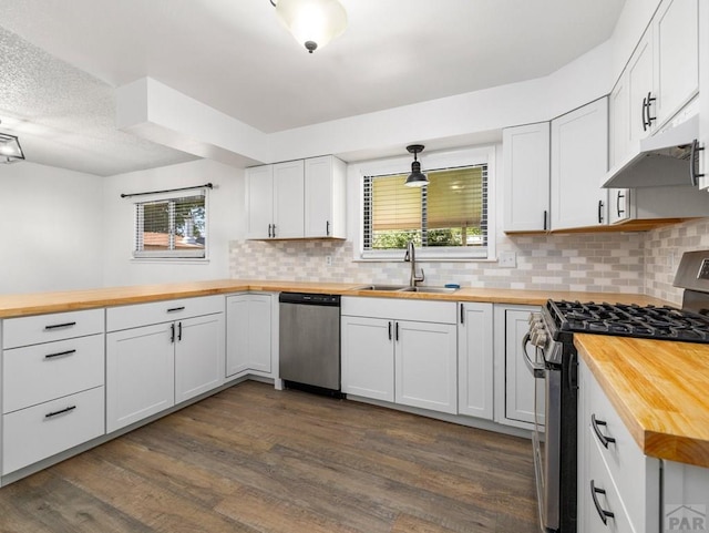 213 Starlite Dr, Pueblo, CO 81005 - kitchen featuring wood counters, stainless steel appliances, decorative backsplash, dark wood finished floors, and under cabinet range hood
