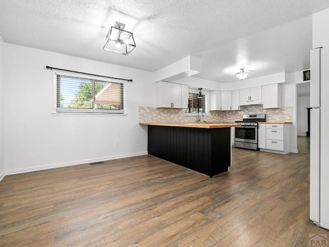 213 Starlite Dr, Pueblo, CO 81005 - kitchen with gas range, plenty of natural light, dark wood-style floors, wood counters, and a textured ceiling
