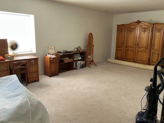 bedroom featuring light colored carpet