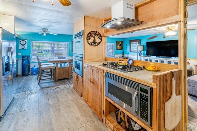 kitchen featuring appliances with stainless steel finishes, open floor plan, ceiling fan, and island range hood