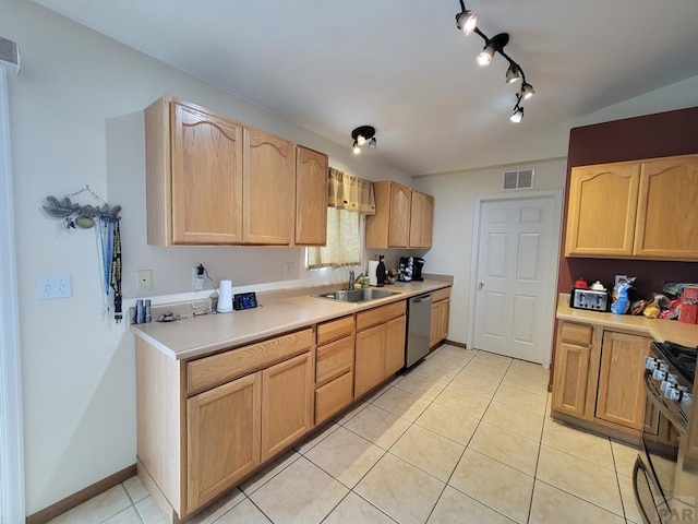 kitchen featuring a sink, range with gas stovetop, light countertops, stainless steel dishwasher, and light brown cabinetry