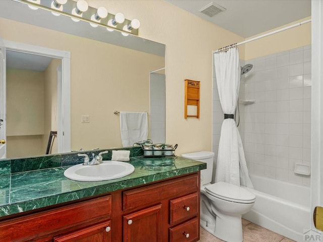 bathroom with tile patterned flooring, visible vents, toilet, shower / bath combo with shower curtain, and vanity