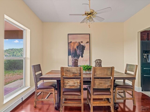 dining room with ceiling fan, baseboards, and wood finished floors