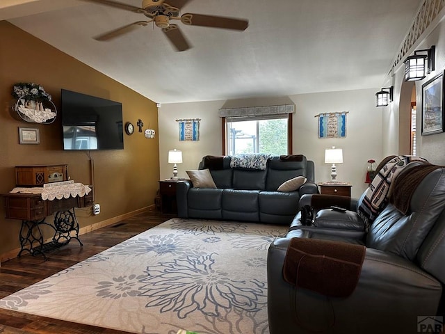 25433 County Rd 25, La Junta, CO 81050 - living area featuring ceiling fan, baseboards, wood finished floors, and vaulted ceiling