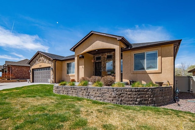 ranch-style house featuring a front yard, a garage, driveway, and stucco siding
