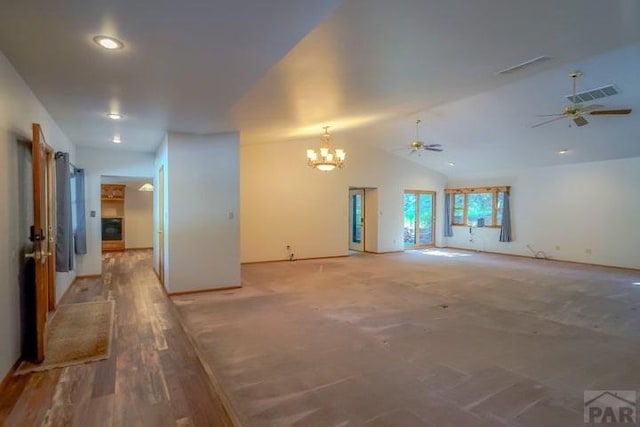 5207 N Creek Rd, Beulah, CO 81023 - unfurnished living room with a chandelier, ceiling fan, vaulted ceiling, baseboards, and recessed lighting