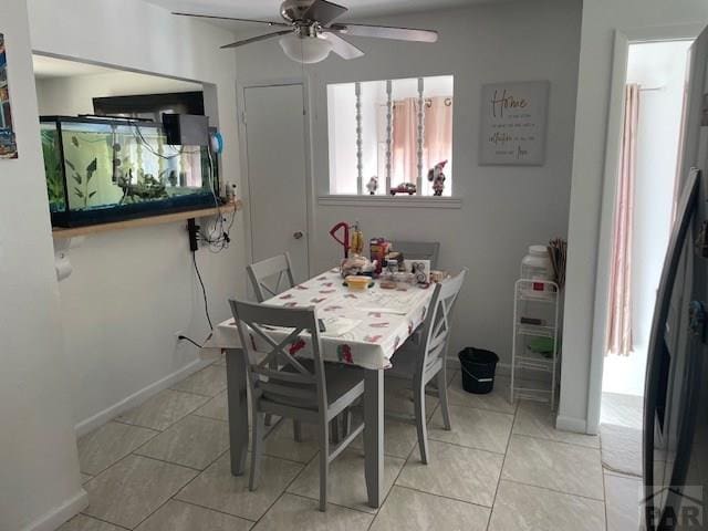 dining room featuring ceiling fan and baseboards