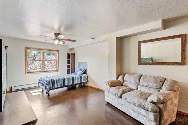 bedroom with ceiling fan, a textured ceiling, a baseboard radiator, and baseboards