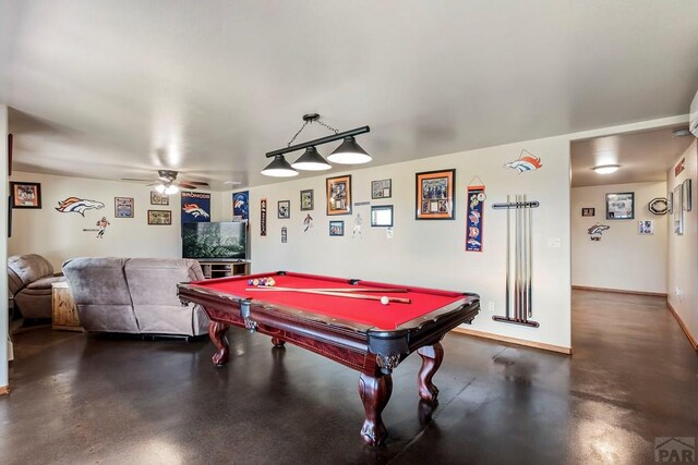 recreation room with a ceiling fan, concrete floors, baseboards, and billiards