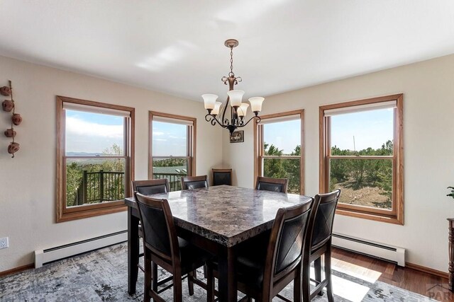 dining room with a baseboard radiator, wood finished floors, and baseboards