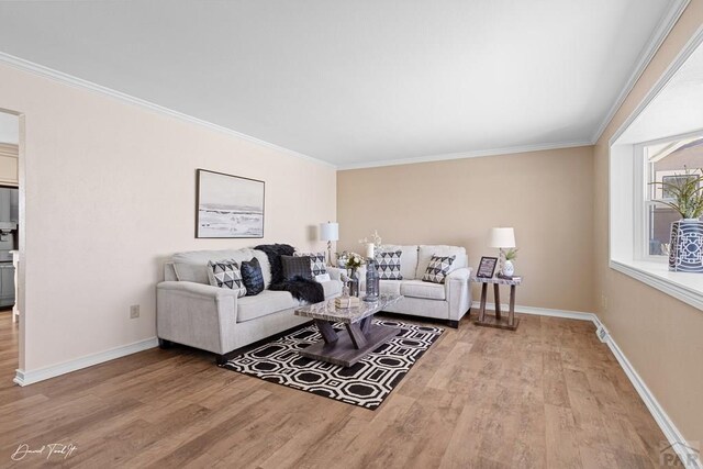 living area featuring crown molding, wood finished floors, and baseboards