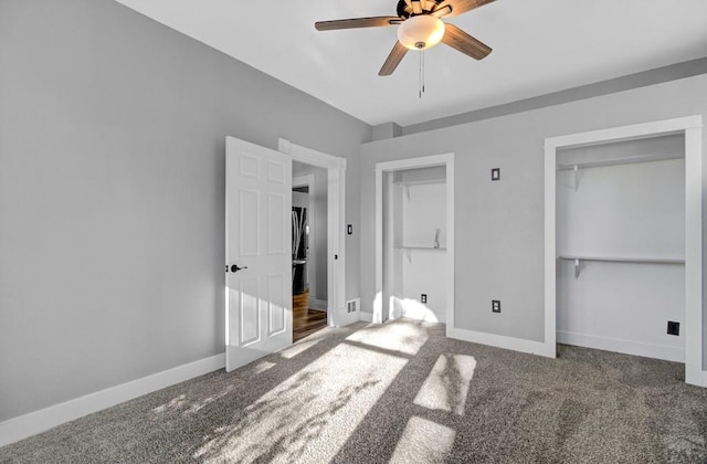 unfurnished bedroom with carpet flooring, ceiling fan, and baseboards