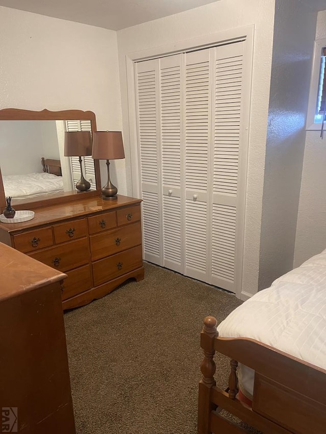 bedroom with a closet and dark carpet