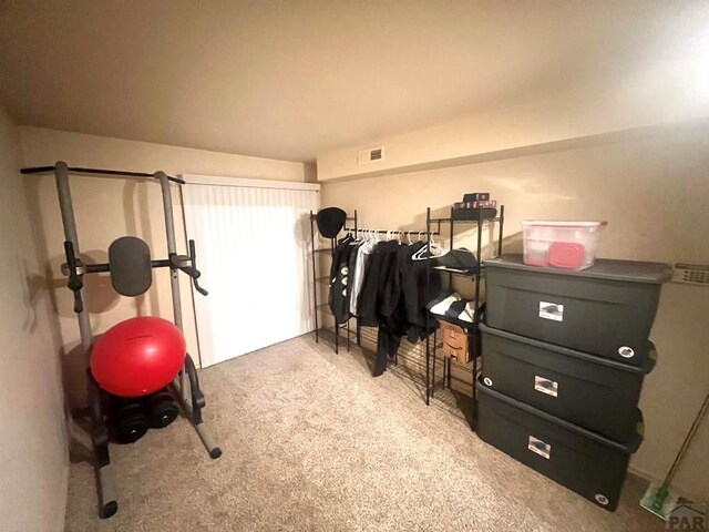 workout area featuring light colored carpet