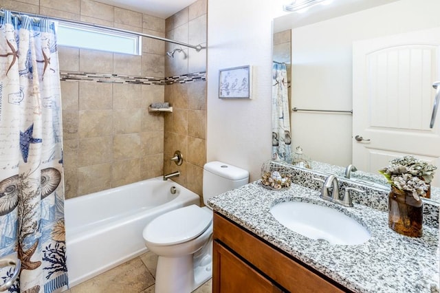 full bathroom with shower / bath combination with curtain, vanity, and toilet