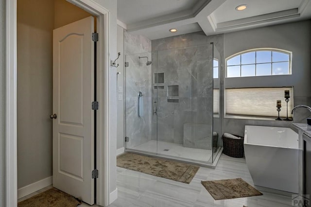 10919 Cascading Spring Cir, Peyton, CO 80831 - bathroom featuring a marble finish shower, a freestanding bath, recessed lighting, and vanity