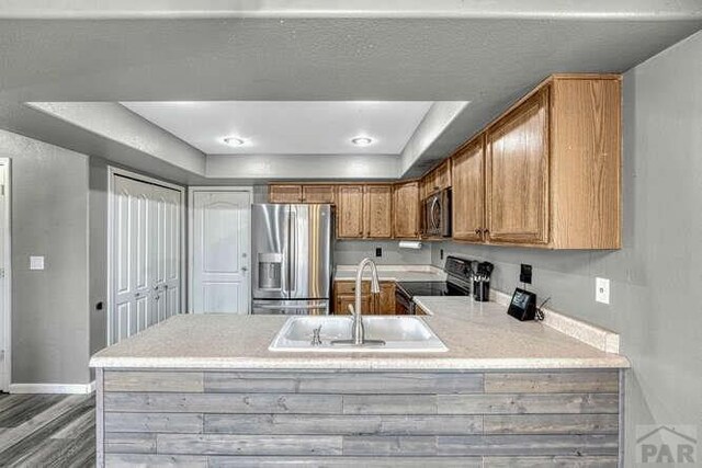 kitchen featuring a sink, stainless steel appliances, a peninsula, and light countertops