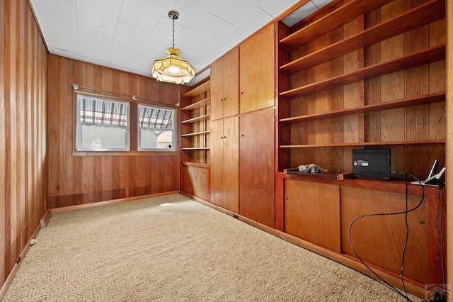 interior space featuring wooden walls, built in features, carpet, and baseboards