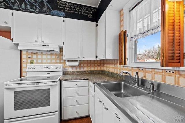 kitchen with backsplash, under cabinet range hood, white cabinets, white appliances, and a sink