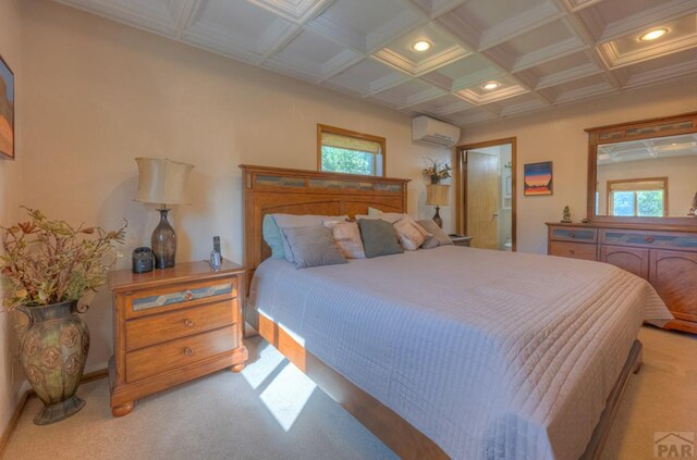 bedroom with coffered ceiling, recessed lighting, a wall mounted air conditioner, and multiple windows