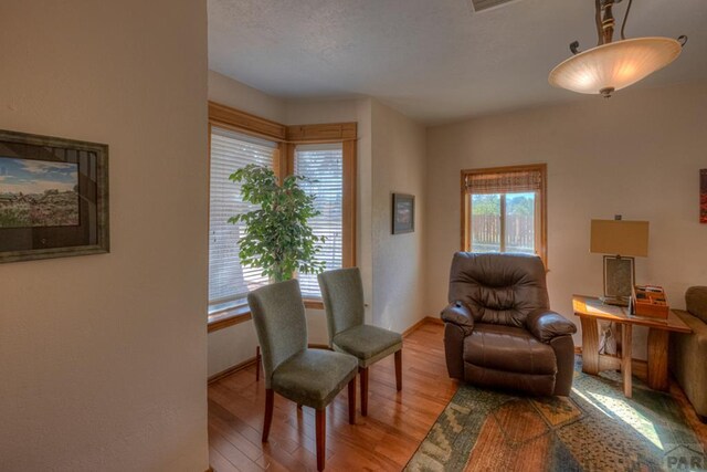 living area with light wood-type flooring and baseboards