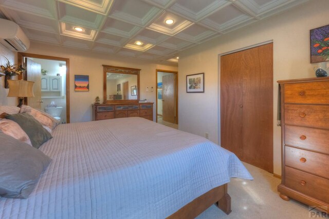 bedroom featuring recessed lighting, coffered ceiling, carpet flooring, and a wall mounted AC