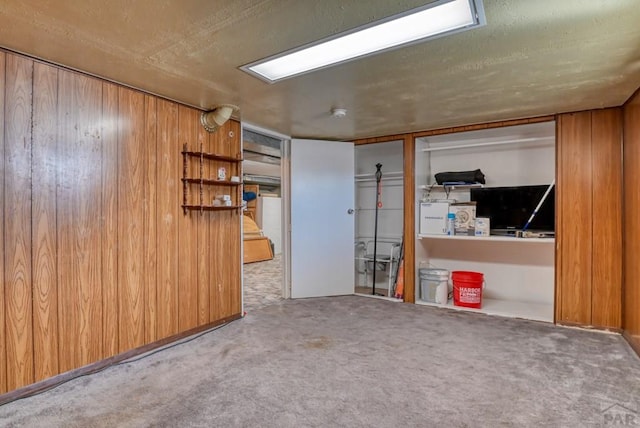 finished basement featuring wood walls and carpet