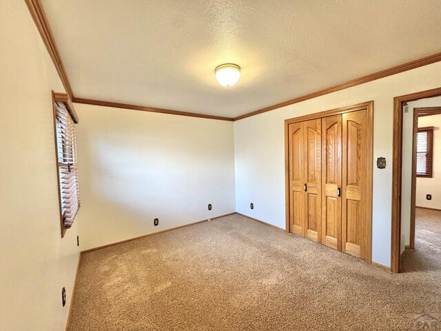 1645 Cherrywood Ln, Pueblo, CO 81005 - unfurnished bedroom featuring carpet flooring, ornamental molding, a textured ceiling, and a closet