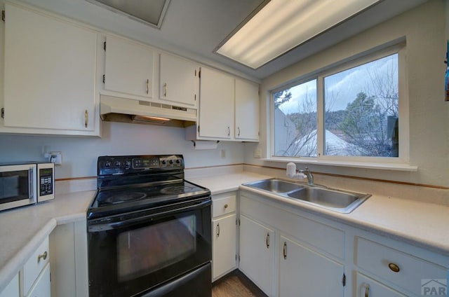 kitchen with stainless steel microwave, under cabinet range hood, light countertops, black electric range oven, and a sink