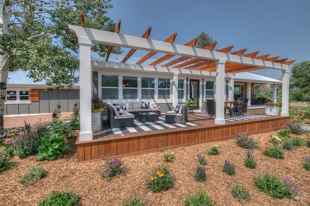 back of property with a pergola, an outdoor hangout area, and board and batten siding