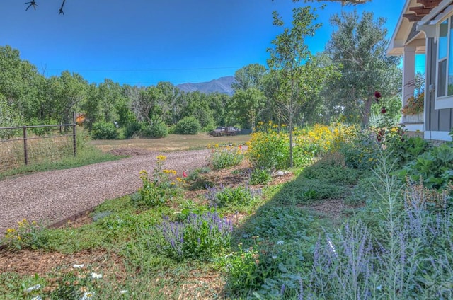 view of yard featuring fence and a mountain view