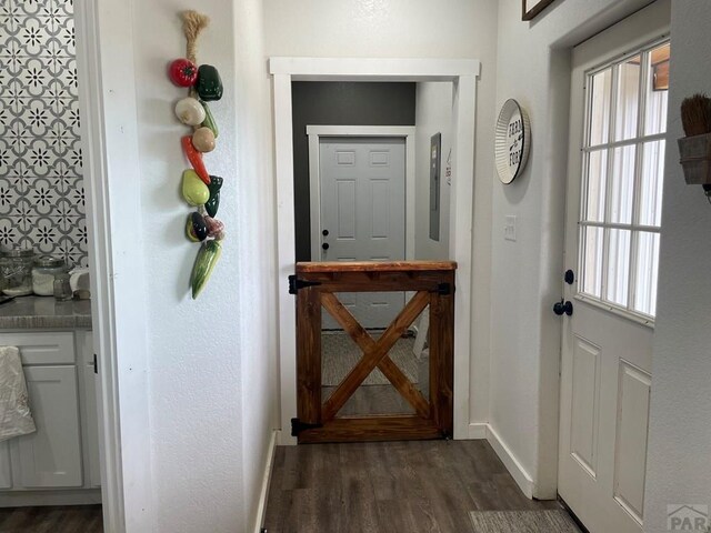 doorway featuring baseboards and dark wood-style flooring