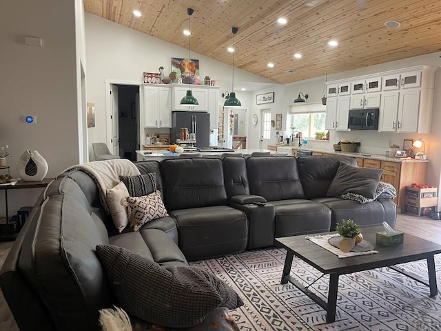 living area featuring high vaulted ceiling, recessed lighting, and wood ceiling