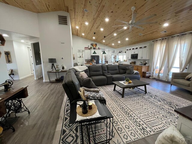 living area featuring wood ceiling, visible vents, and wood finished floors