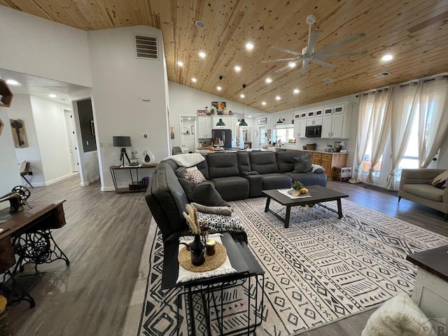 living area featuring wood ceiling, visible vents, and wood finished floors