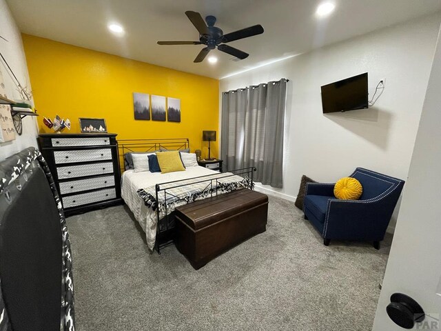 carpeted bedroom with baseboards, ceiling fan, and recessed lighting