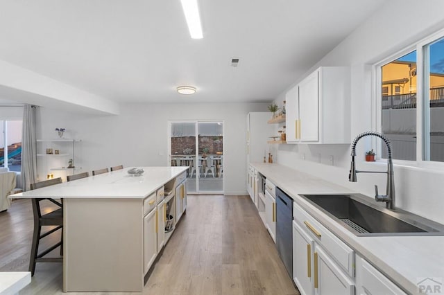 2200 Meadowlark Ln, Pueblo, CO 81008 - kitchen with stainless steel dishwasher, open shelves, a sink, and plenty of natural light