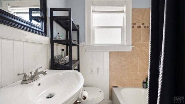 full bathroom with a wainscoted wall, plenty of natural light, and a sink