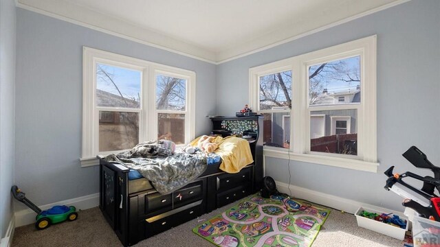 carpeted bedroom featuring crown molding and baseboards